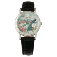 Antique Illustrated Peacock & Flowers
