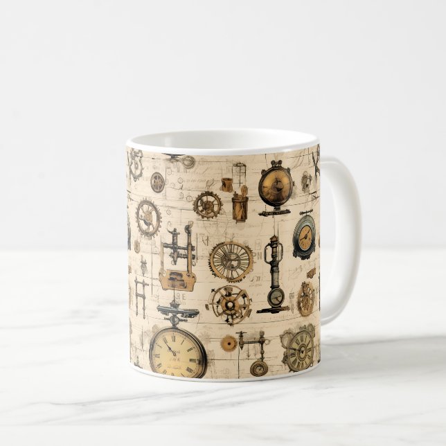Antique Industrial Clockwork Sepia Brass Coffee Mug (Front Right)