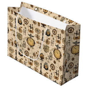 Antique Industrial Clockwork Sepia Brass Large Gift Bag