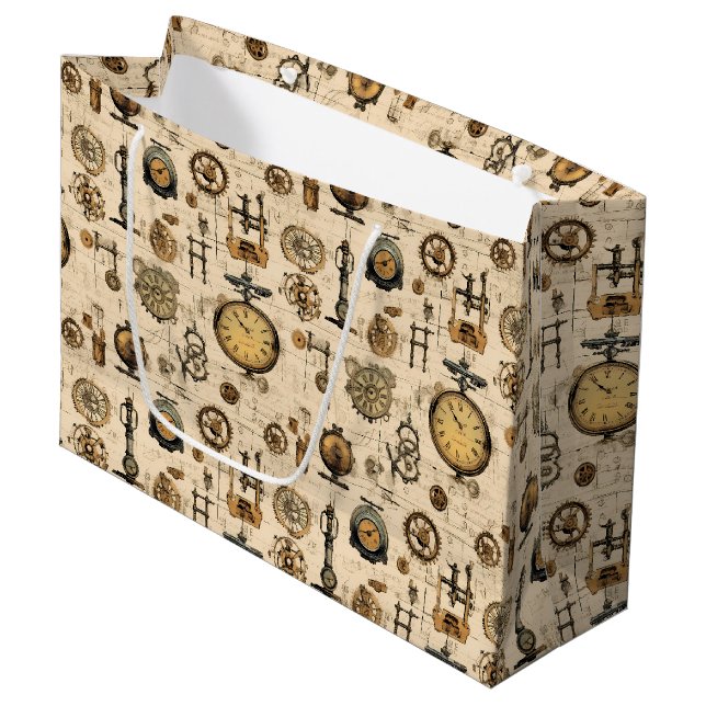 Antique Industrial Clockwork Sepia Brass Large Gift Bag (Front Angled)