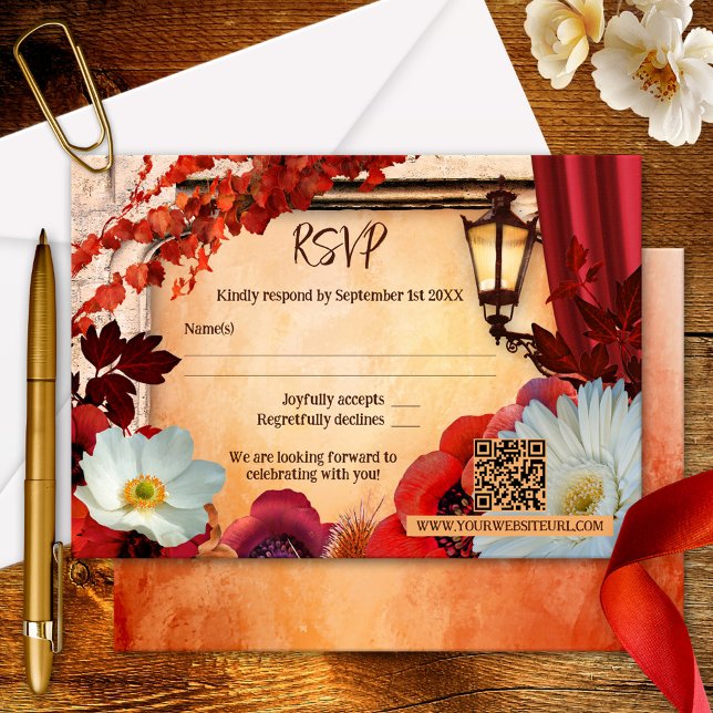 Antique Italian Autumn Wedding RSVP Card (Italian RSVP card featuring colorful autumn leaves and flowers with vintage lantern)