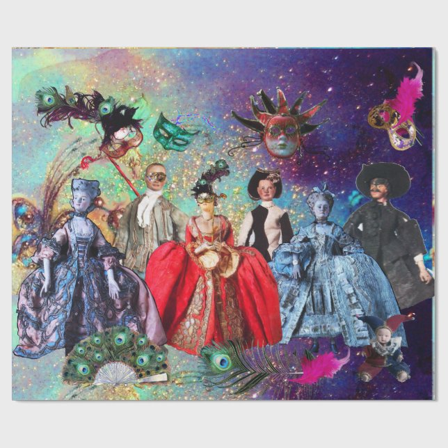 ANTIQUE ITALIAN PUPPETS AND MASKS MASQUERADE PARTY WRAPPING PAPER (Flat)