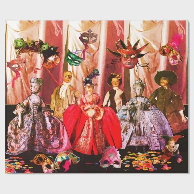 ANTIQUE ITALIAN PUPPETS AND MASKS MASQUERADE PARTY WRAPPING PAPER (Flat)
