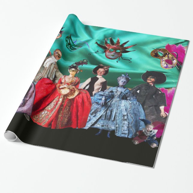 ANTIQUE ITALIAN PUPPETS AND MASKS MASQUERADE PARTY WRAPPING PAPER (Unrolled)