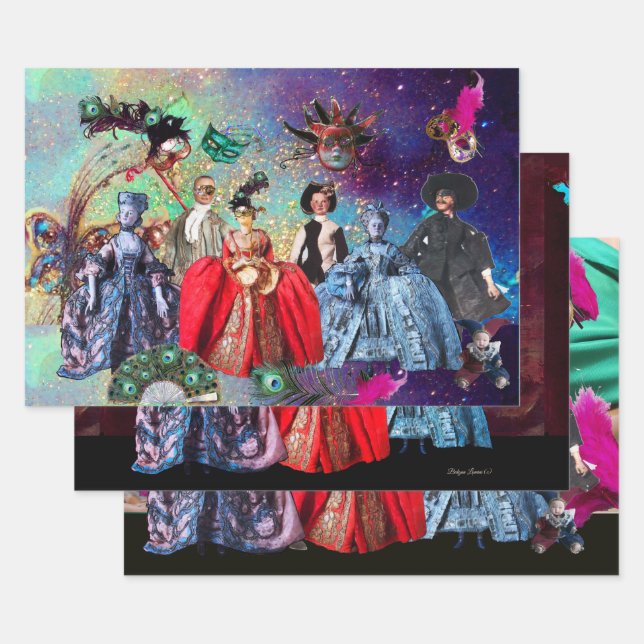 ANTIQUE ITALIAN PUPPETS AND MASKS MASQUERADE PARTY WRAPPING PAPER SHEET (Set)