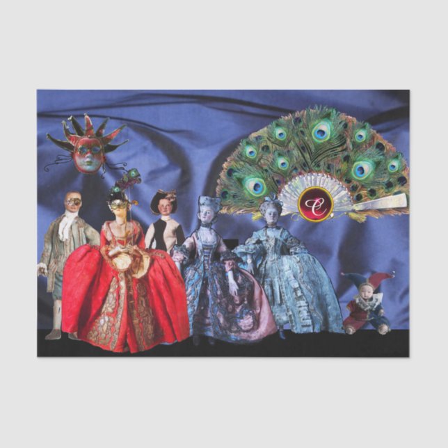 ANTIQUE ITALIAN PUPPETS,MASQUERADE MASKS Blue Tissue Paper (Front)