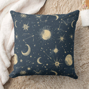 Antique Ivory Celestial Moon Star Map Navy Cushion