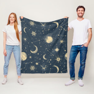 Antique Ivory Celestial Moon Star Map Navy Fleece Blanket