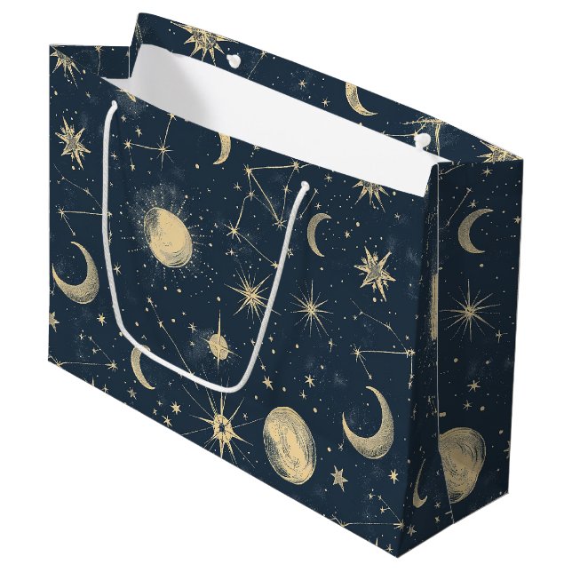 Antique Ivory Celestial Moon Star Map Navy Large Gift Bag (Front Angled)
