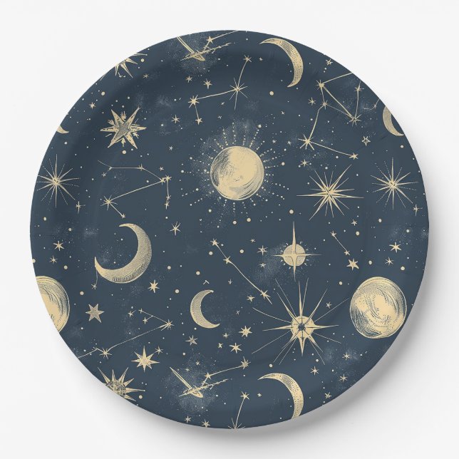 Antique Ivory Celestial Moon Star Map Navy Paper Plate (Front)