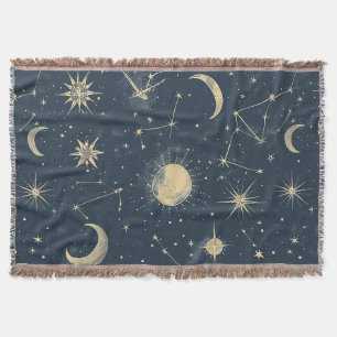 Antique Ivory Celestial Moon Star Map Navy Throw Blanket
