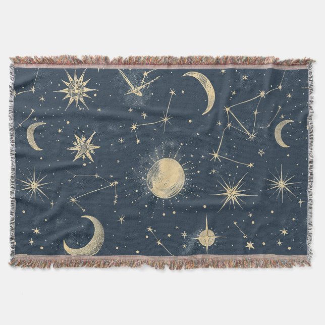 Antique Ivory Celestial Moon Star Map Navy Throw Blanket (Front)