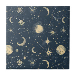 Antique Ivory Celestial Moon Star Map Navy Tile
