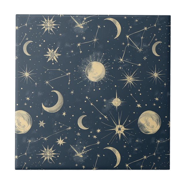 Antique Ivory Celestial Moon Star Map Navy Tile (Front)