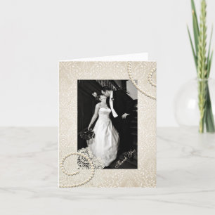 Antique Ivory Damask Wedding Photo Thank You Card