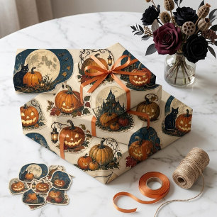 Antique Jacks Black Cats Moon Halloween Decoupage Wrapping Paper Sheet