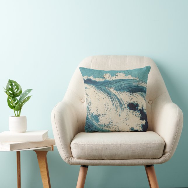 Antique Japanese Blue Waves Ocean Print Cushion (Chair)