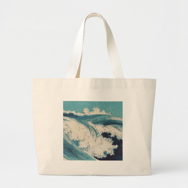 Antique Japanese Blue Waves Ocean Print Large Tote Bag (Front)