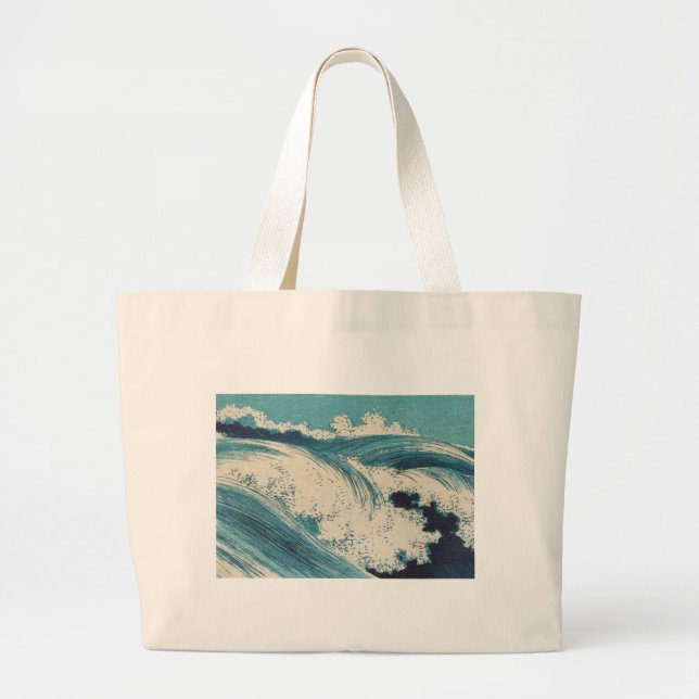 Antique Japanese Blue Waves Ocean Print Large Tote Bag (Front)