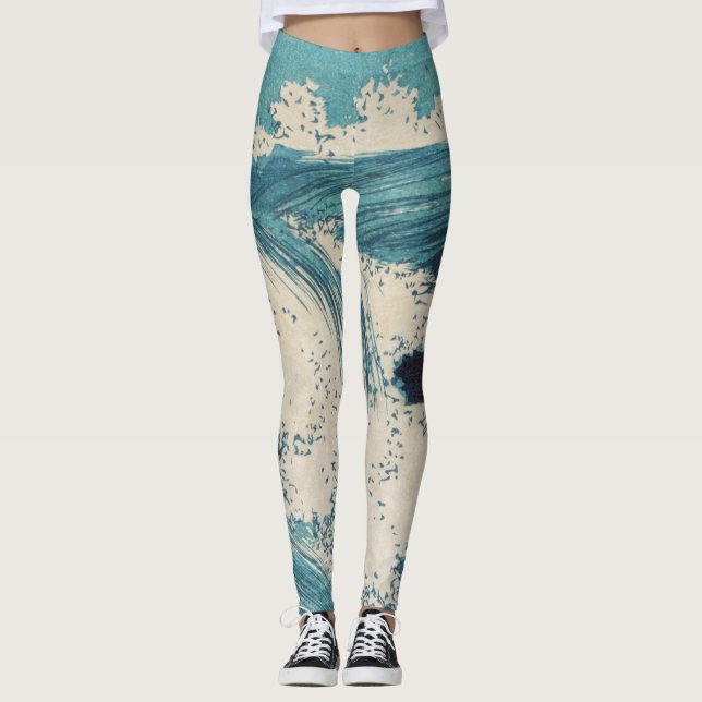 Antique Japanese Blue Waves Ocean Print Leggings (Front)