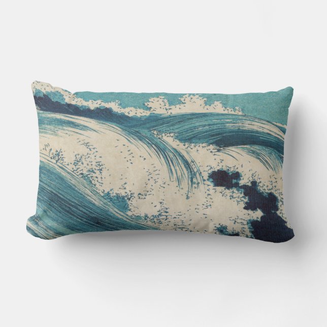 Antique Japanese Blue Waves Ocean Print Lumbar Cushion (Front)