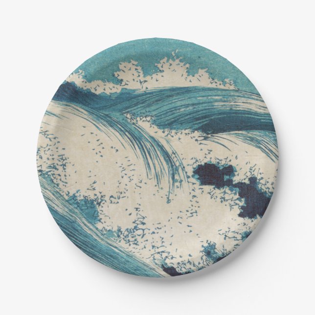 Antique Japanese Blue Waves Ocean Print Paper Plate (Front)