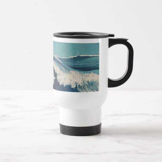 Antique Japanese Blue Waves Ocean Print Travel Mug (Right)