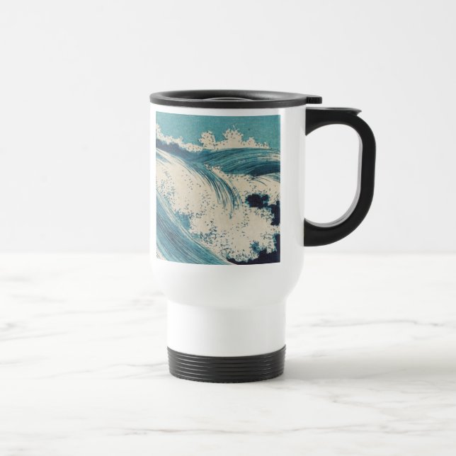 Antique Japanese Blue Waves Ocean Print Travel Mug (Right)