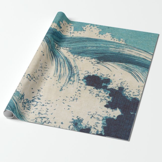 Antique Japanese Blue Waves Ocean Print Wrapping Paper (Unrolled)
