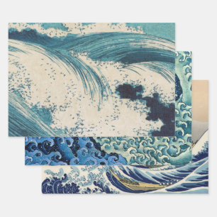 Antique Japanese Blue Waves Ocean Print Wrapping Paper Sheet