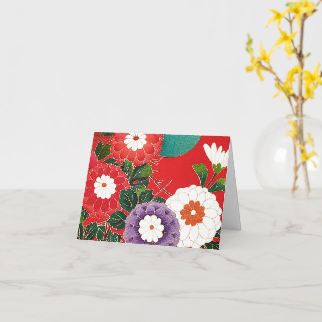 Antique Japanese Brocade Deep Red Card (Yellow Flower)