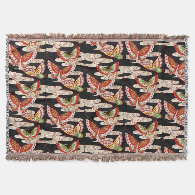 ANTIQUE JAPANESE BUTTERFLIES Red Black White Throw Blanket (Front)