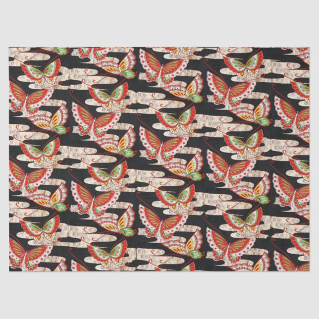 ANTIQUE JAPANESE BUTTERFLIES Red Black White Tissue Paper (Front)
