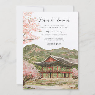 Antique Japanese Cherry Blossom Mountain Wedding Invitation