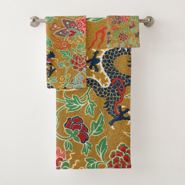 Antique Japanese Floral Dragon Print Bath Towel Set (Insitu)