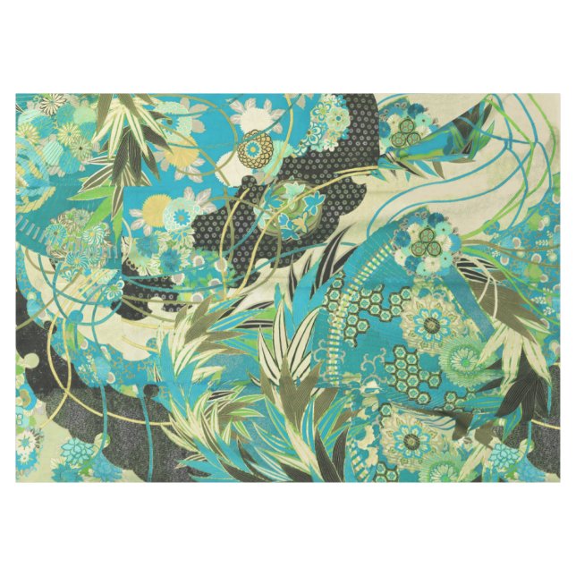 ANTIQUE JAPANESE FLOWERS Aqua Blue Green Floral  Tablecloth (Front (Horizontal))