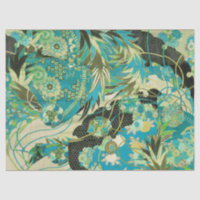 ANTIQUE JAPANESE FLOWERS Aqua Blue Green Floral