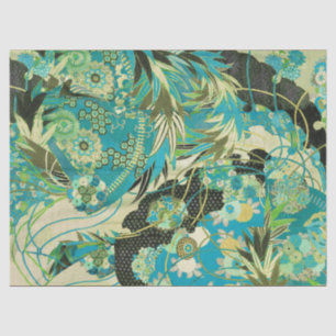 ANTIQUE JAPANESE FLOWERS Aqua Blue Green Floral Tissue Paper
