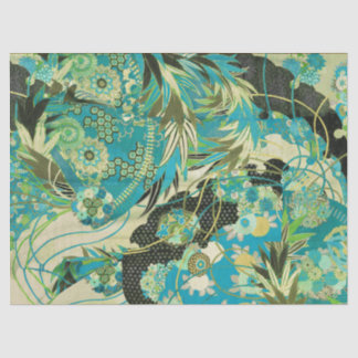 ANTIQUE JAPANESE FLOWERS Aqua Blue Green Floral Tissue Paper