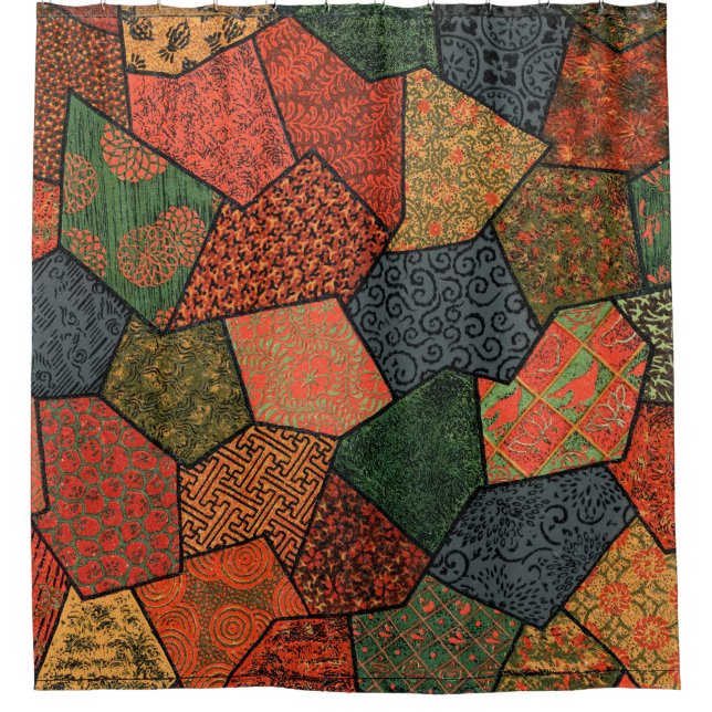 ANTIQUE JAPANESE FLOWERS,LEAVES ,GEOMETRIC FLORAL SHOWER CURTAIN (Front)