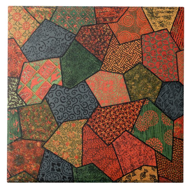 ANTIQUE JAPANESE FLOWERS,LEAVES ,GEOMETRIC FLORAL TILE (Front)