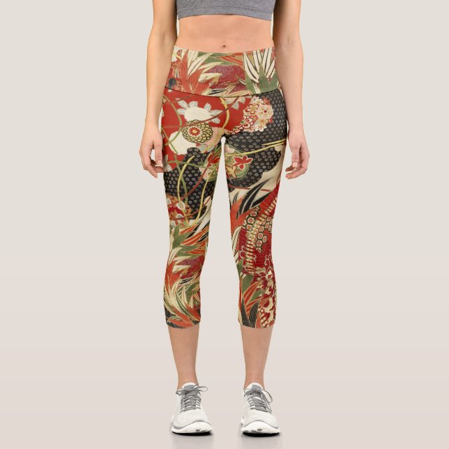 ANTIQUE JAPANESE FLOWERS Red Green Black Floral Capri Leggings (Front)