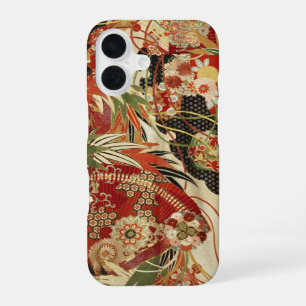 ANTIQUE JAPANESE FLOWERS Red Green Black Floral iPhone 16 Case