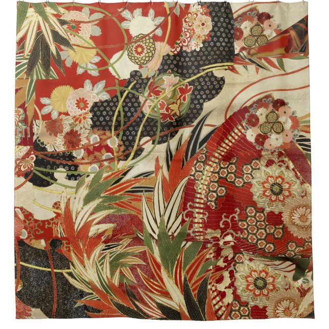 ANTIQUE JAPANESE FLOWERS Red Green Black Floral Shower Curtain (Front)