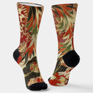 ANTIQUE JAPANESE FLOWERS Red Green Black Floral Socks