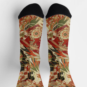 ANTIQUE JAPANESE FLOWERS Red Green Black Floral Socks