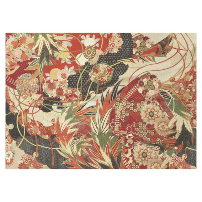 ANTIQUE JAPANESE FLOWERS Red Green Black Floral  Tablecloth (Front (Horizontal))