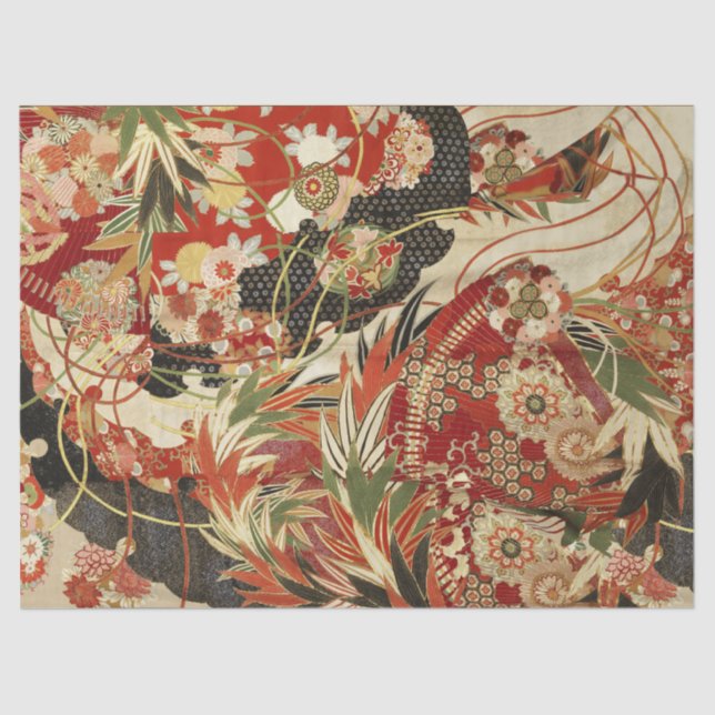 ANTIQUE JAPANESE FLOWERS Red Green Black Floral  Tissue Paper (Front)