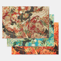 ANTIQUE JAPANESE FLOWERS Red Teal Green Floral 