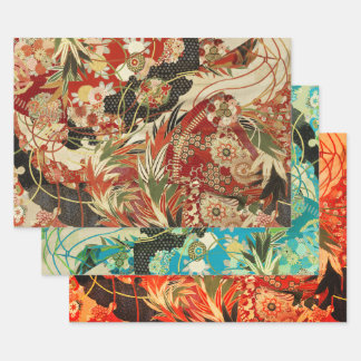 ANTIQUE JAPANESE FLOWERS Red Teal Green Floral Wrapping Paper Sheet